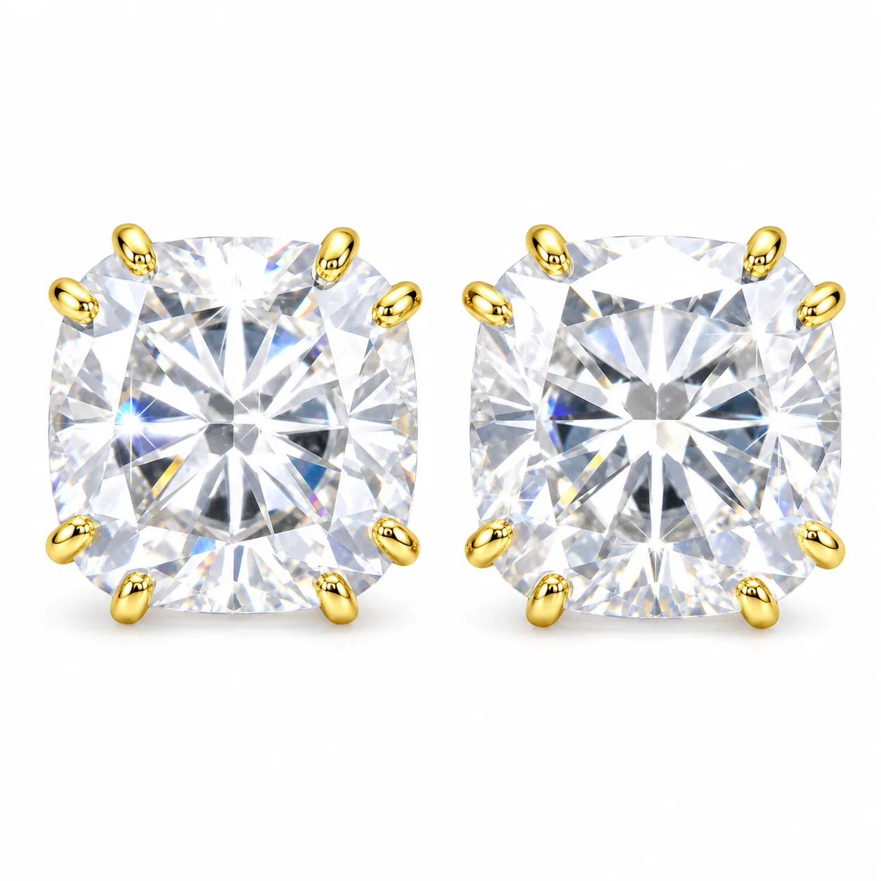 5 ct DEW Certified Cushion Cut Moissanite Solitaire Studs In Gold Vermeil