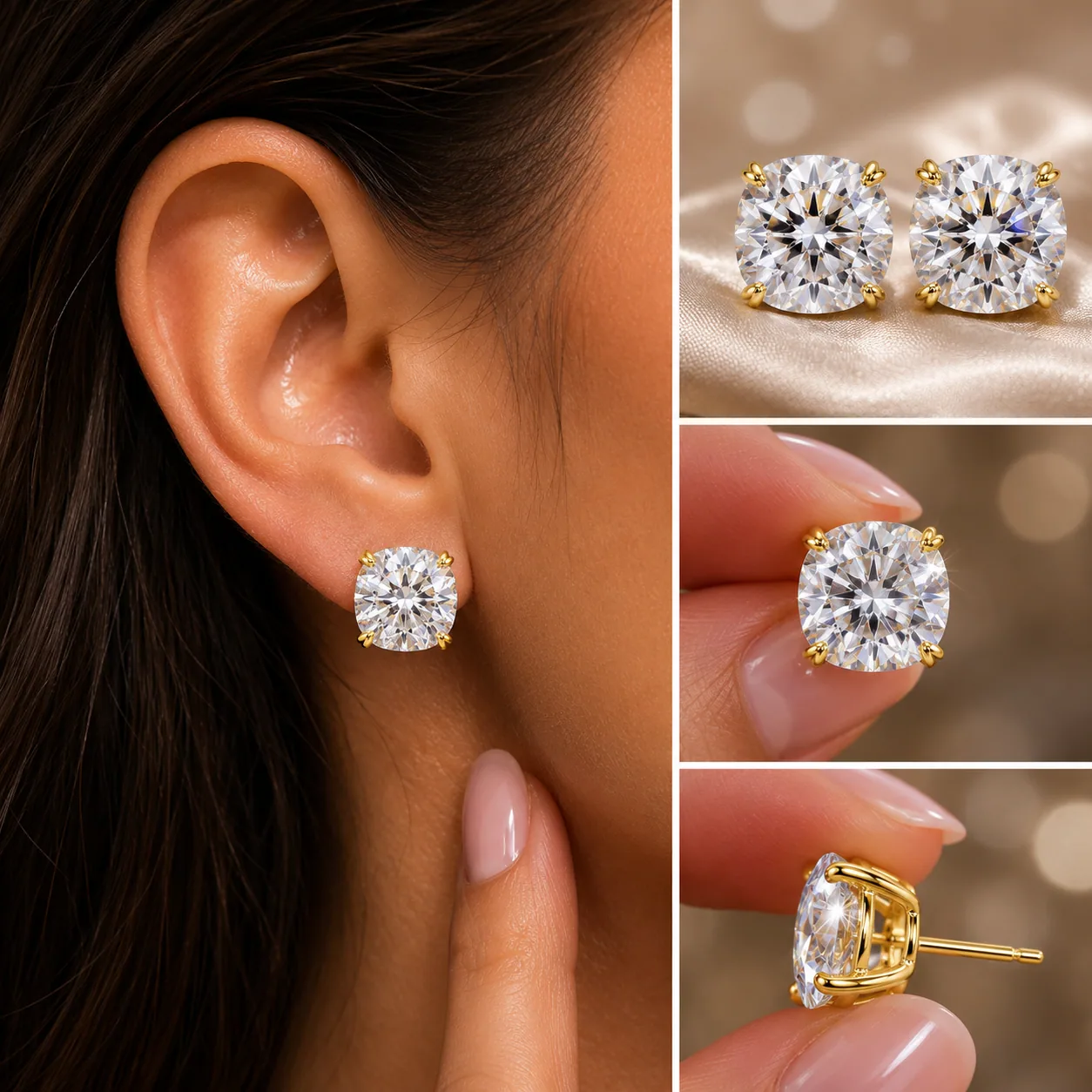 5 ct DEW Certified Cushion Cut Moissanite Solitaire Studs In Gold Vermeil - view 2
