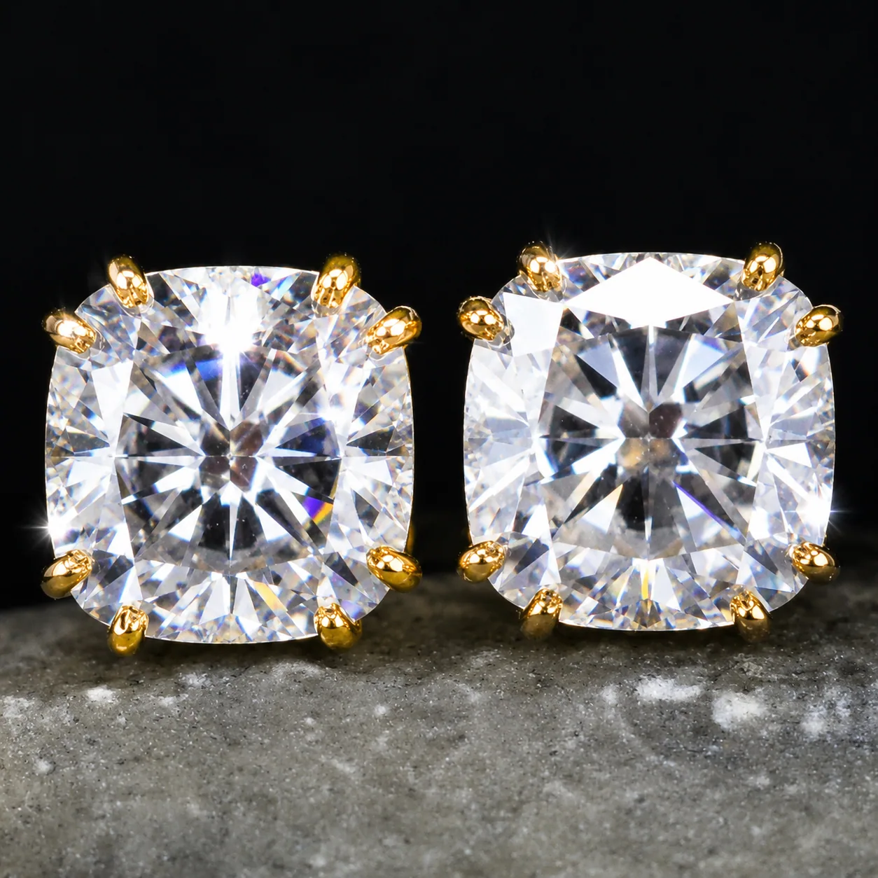 5 ct DEW Certified Cushion Cut Moissanite Solitaire Studs In Gold Vermeil - view 4