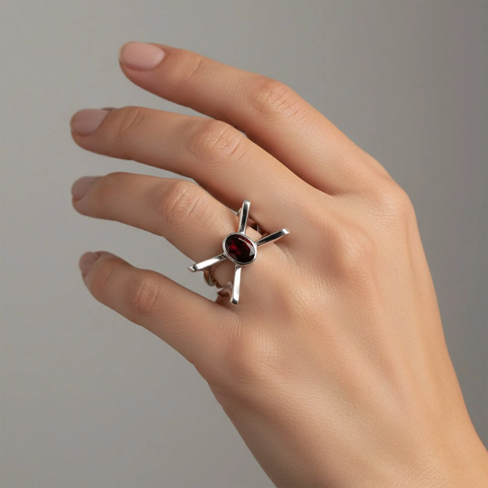 Red Garnet Solitaire Ring 3.65 Ct. Oval Cut 925 Sterling Silver Stackable Band - view 5