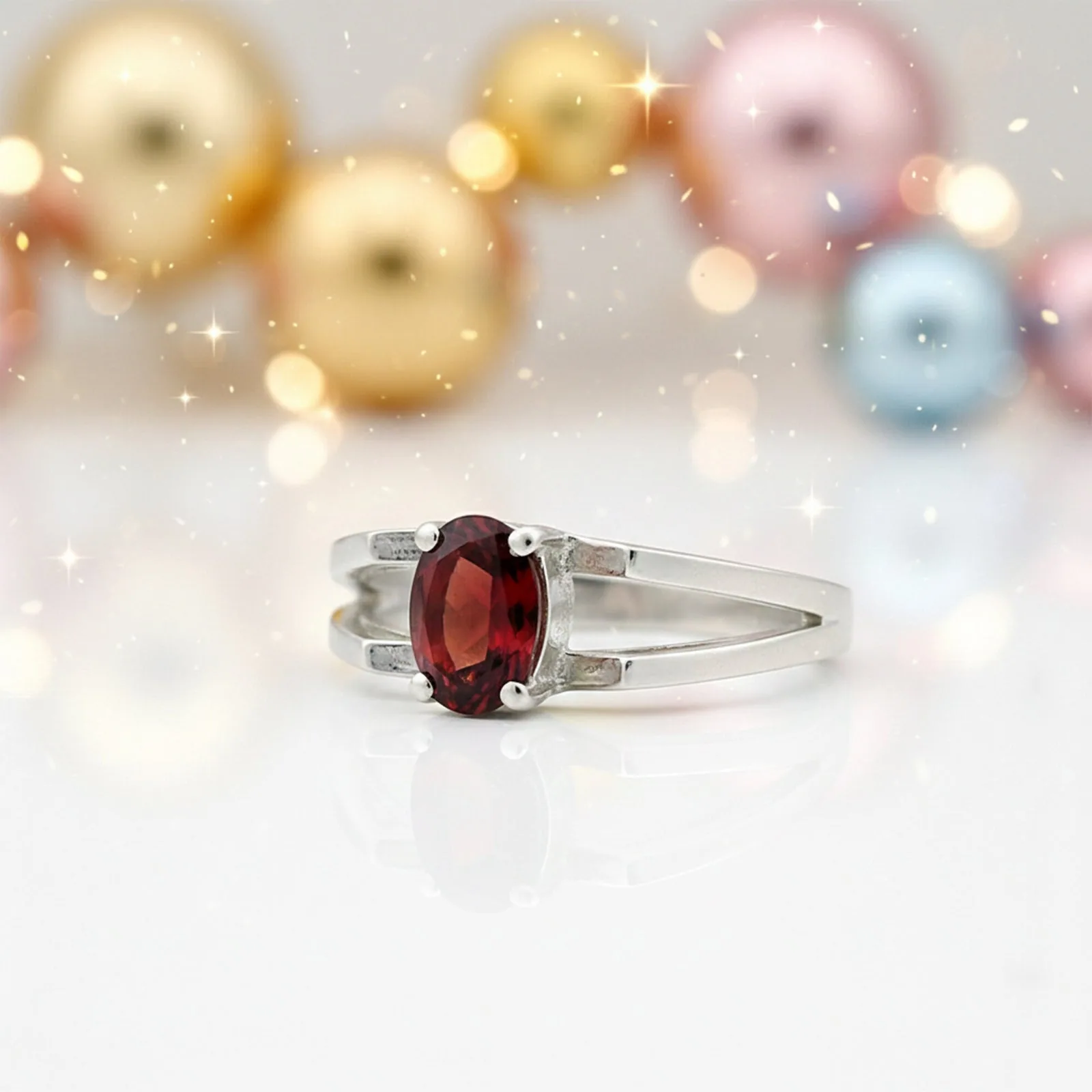 Red Garnet Solitaire Ring 3.73 Ct. Oval Cut 925 Sterling Silver Stackable Band - view 4