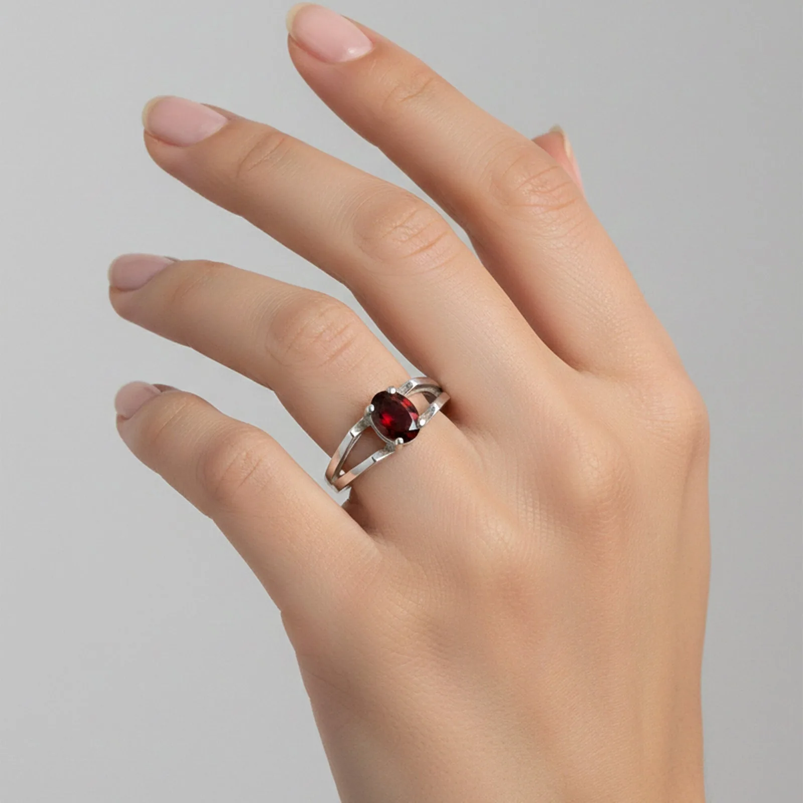 Red Garnet Solitaire Ring 3.73 Ct. Oval Cut 925 Sterling Silver Stackable Band - view 5