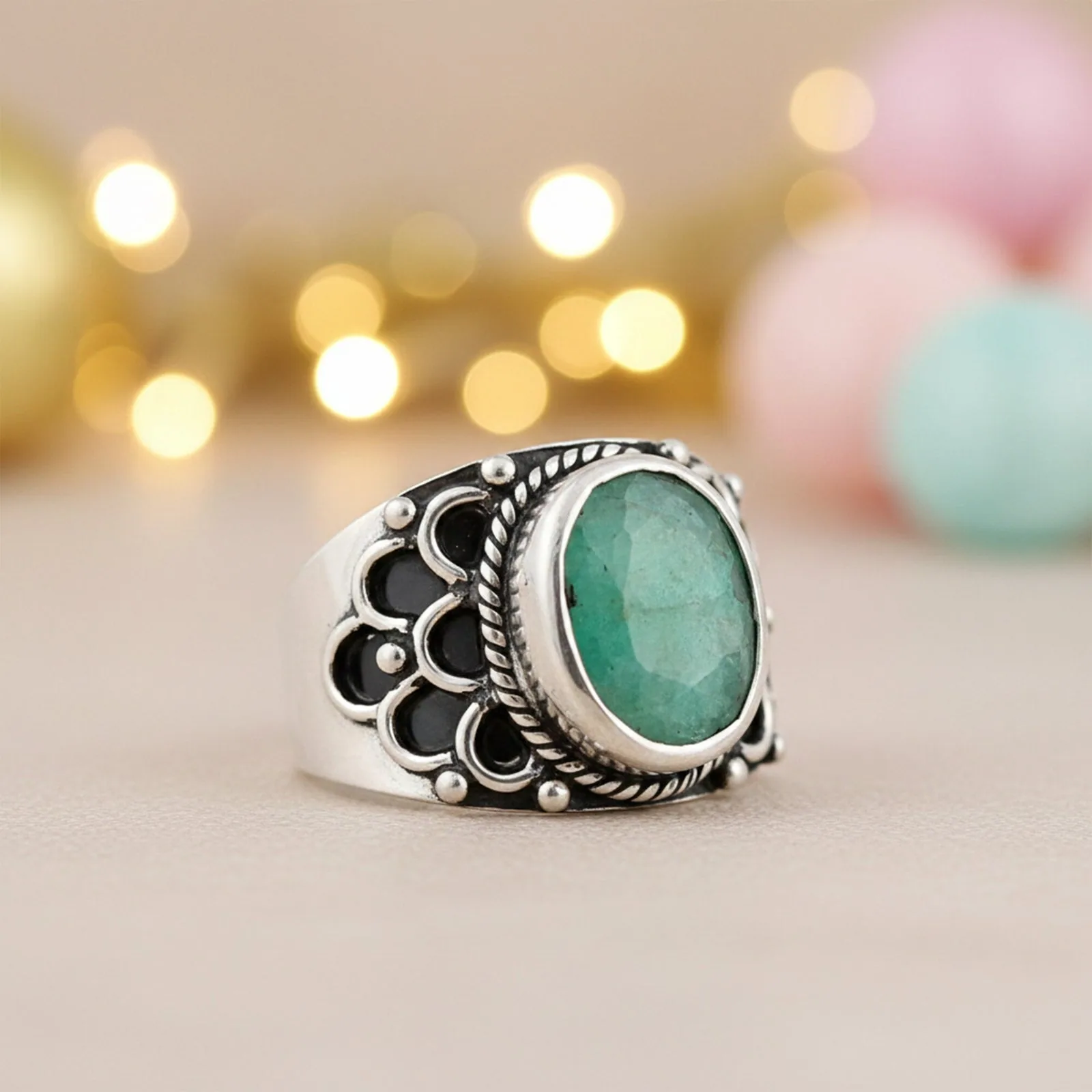 Green Emerald Ring Oval Cut 7.50 Ct 925 Sterling Silver Gift for Her Chic Design - view 4