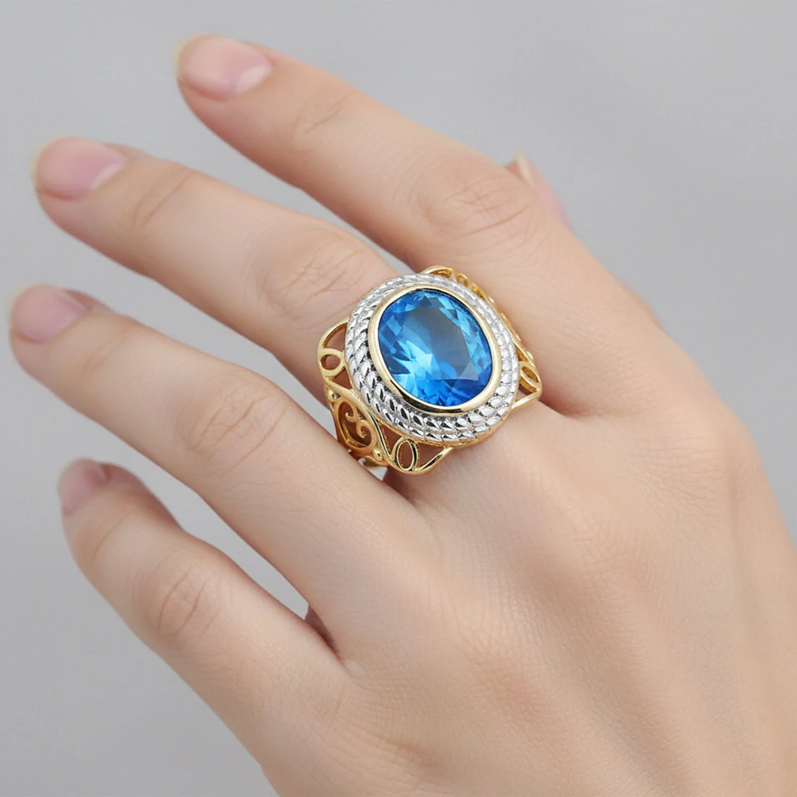 Handmade Oval Cut Blue Topaz Ring in 925 Sterling Silver for Wedding Chic Design - view 5