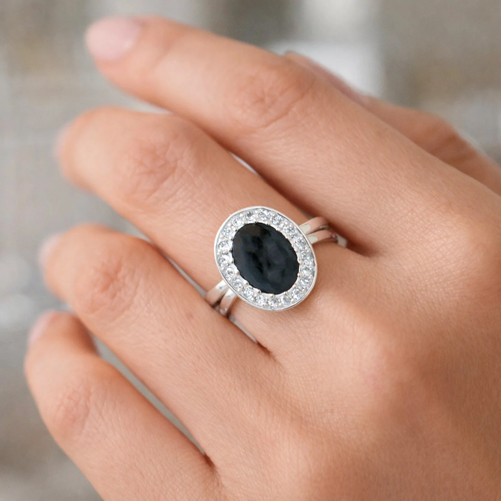 Blue Sapphire Solitaire Ring 6.50 Ct. Oval Cabochon Cut 925 Sterling Silver Stac - view 5
