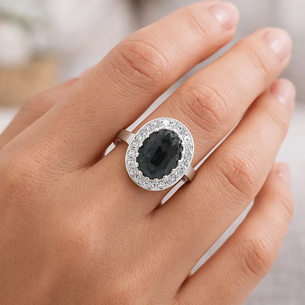 Blue Sapphire Solitaire Ring 6.50 Ct. Oval Cabochon Cut 925 Sterling Silver Stac - view 6