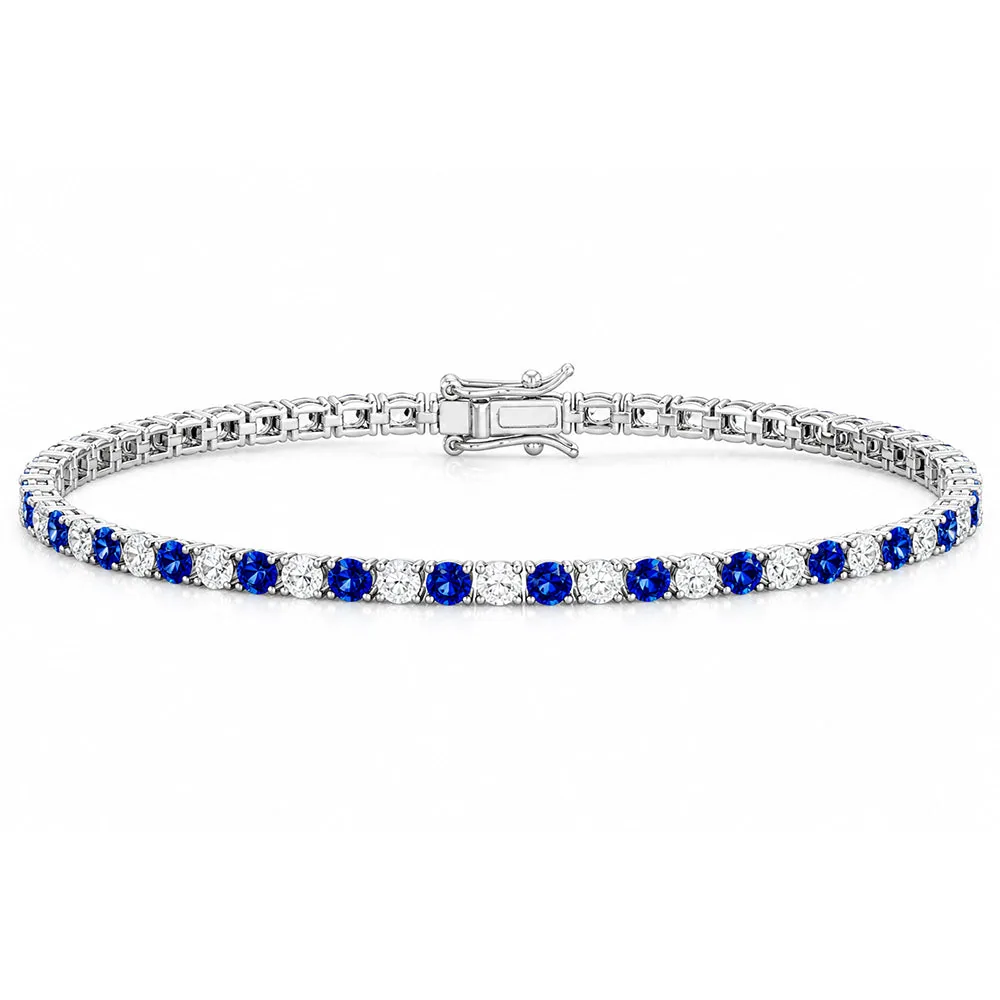 Women’s 6Ct Round Cut Natural Sapphire & Diamond Tennis Bracelet 14k White Gold
