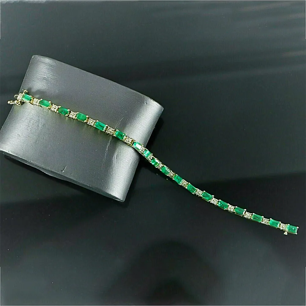Natural Green Emerald & Diamond Women’s Tennis Bracelet Solid 14k Yellow Gold - view 2