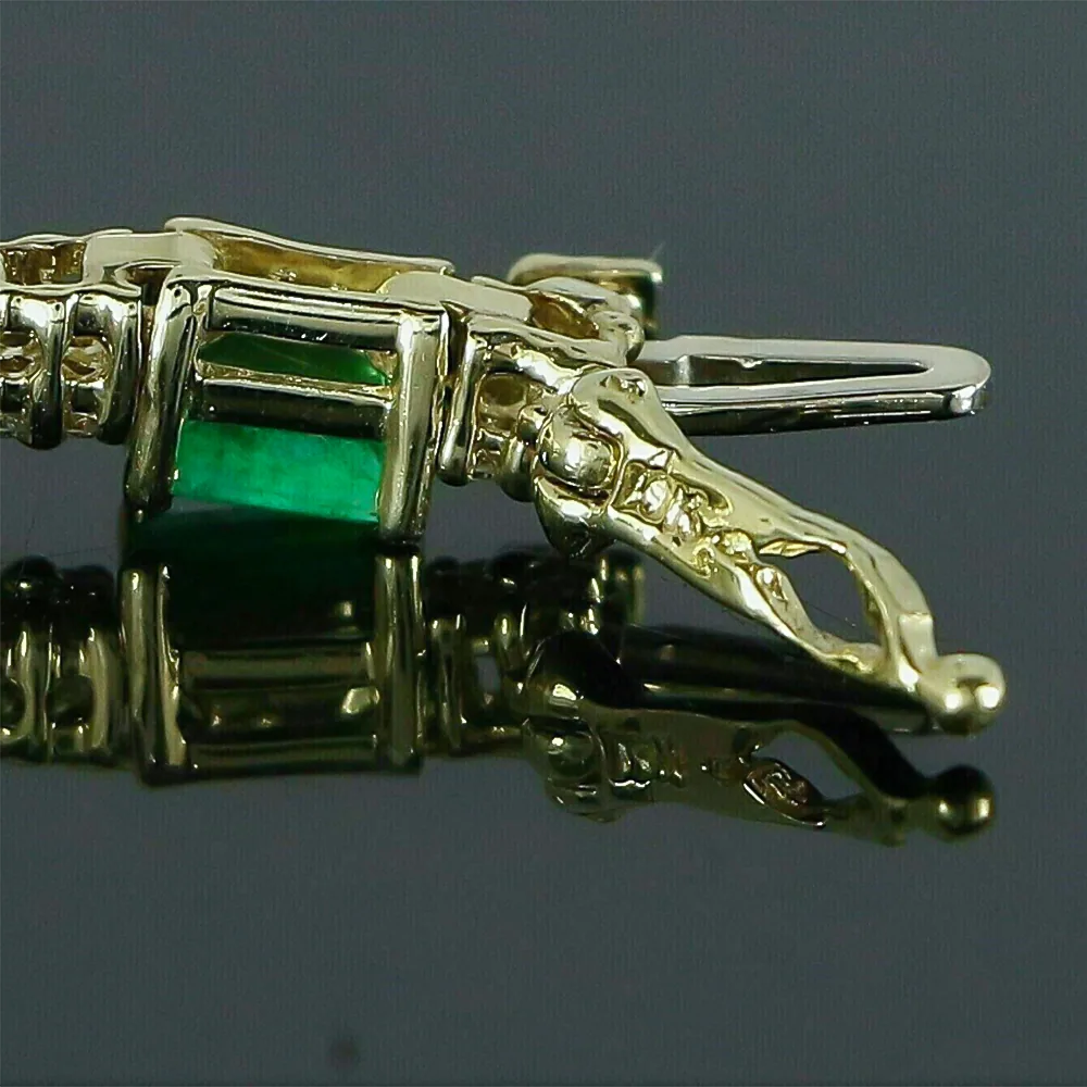 Natural Green Emerald & Diamond Women’s Tennis Bracelet Solid 14k Yellow Gold - view 3