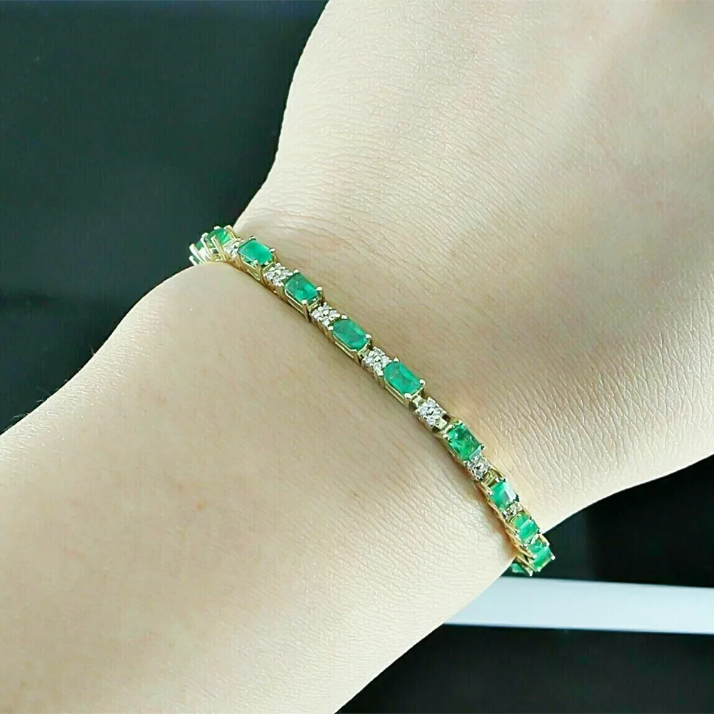 Natural Green Emerald & Diamond Women’s Tennis Bracelet Solid 14k Yellow Gold - view 4