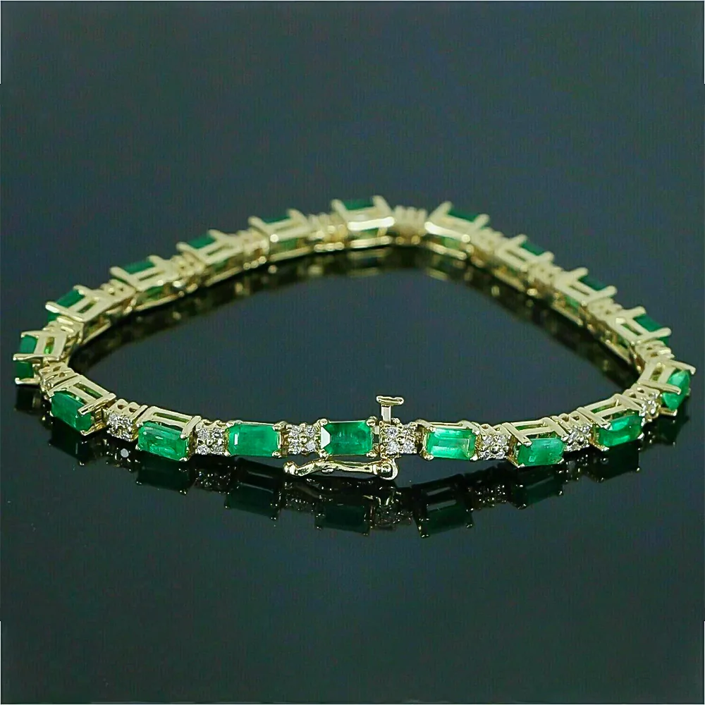 Natural Green Emerald & Diamond Women’s Tennis Bracelet Solid 14k Yellow Gold - view 5