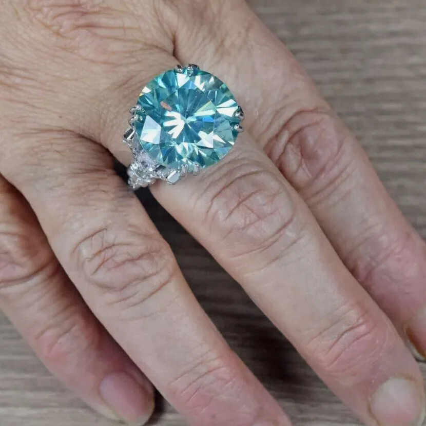 10.25 ct DEW Certified Blue Round Moissanite Ring – Big Christmas Gift Pick 18K Gold Plated - view 4