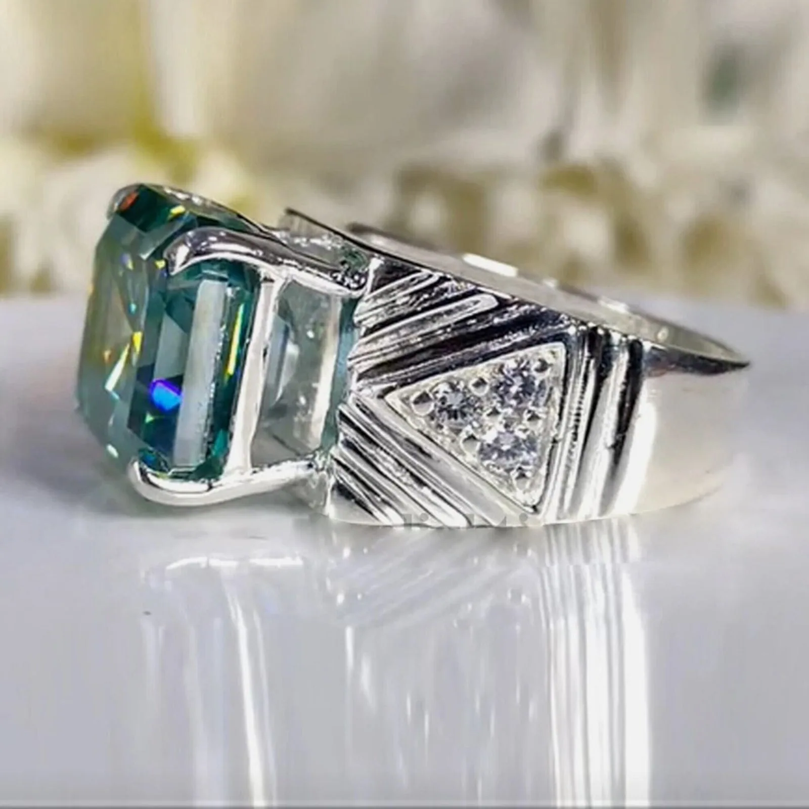 11.55 ct DEW Certified Blue Moissanite Asscher Cut Ring – Christmas Gift in Silver 18K Gold Plated - view 4