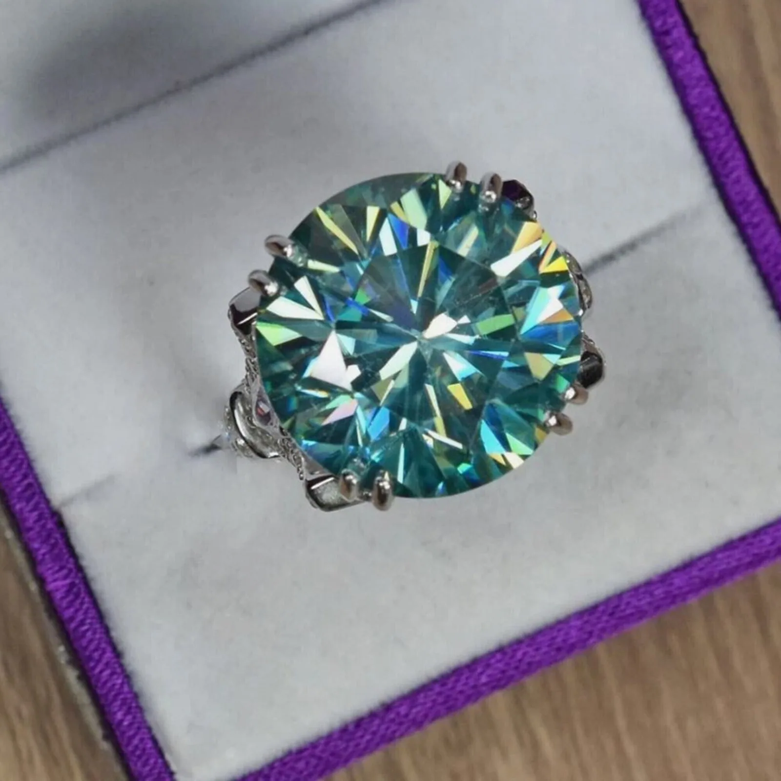 10.25 ct DEW Certified Blue Round Moissanite Ring – Big Christmas Gift Pick 18K Gold Plated - view 3