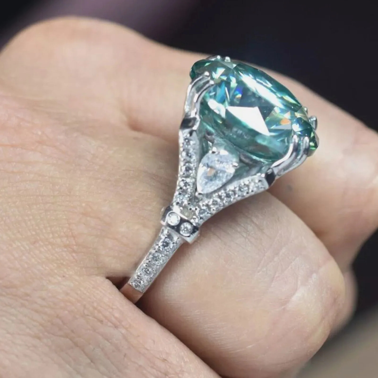 10.25 ct DEW Certified Blue Round Moissanite Ring – Big Christmas Gift Pick 18K Gold Plated - view 5