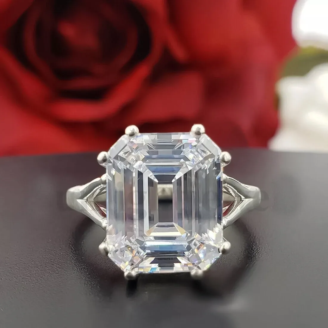 9.25ct DEW White Moissanite Emerald Solitaire Ring - view 2