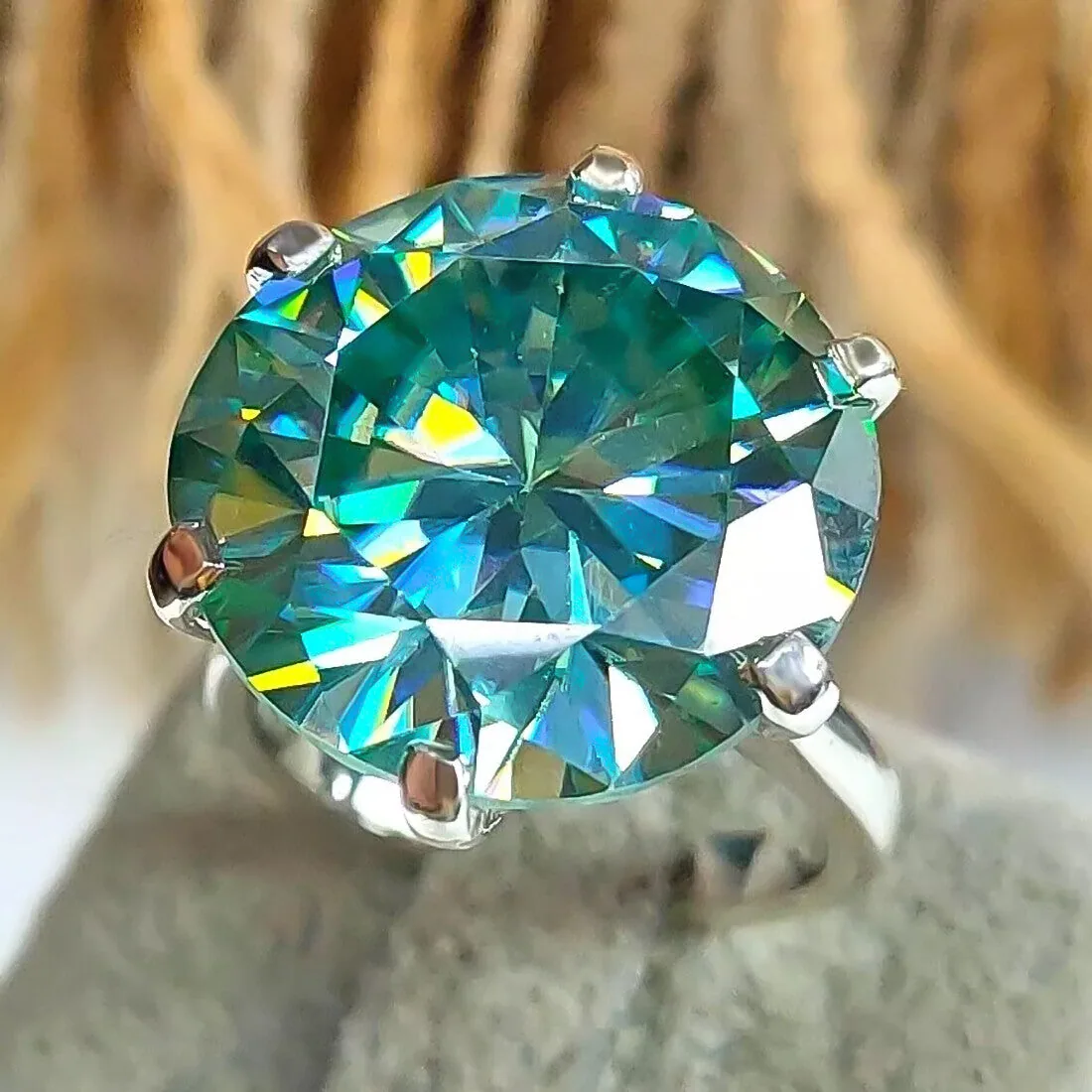 17.2 ct DEW Certified Round Cut Blue Moissanite Gold Vermeil Solitaire Ring - view 4