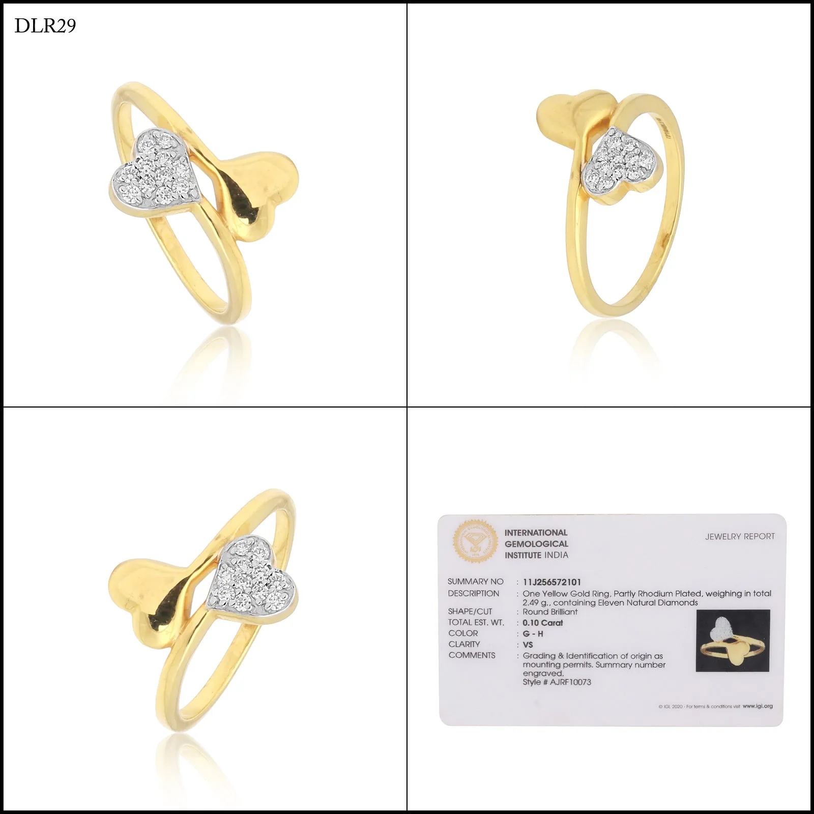 0.10 Ct. IGI Certified Natural Diamond 18k Heart Crossover Yellow Gold Ring - view 9