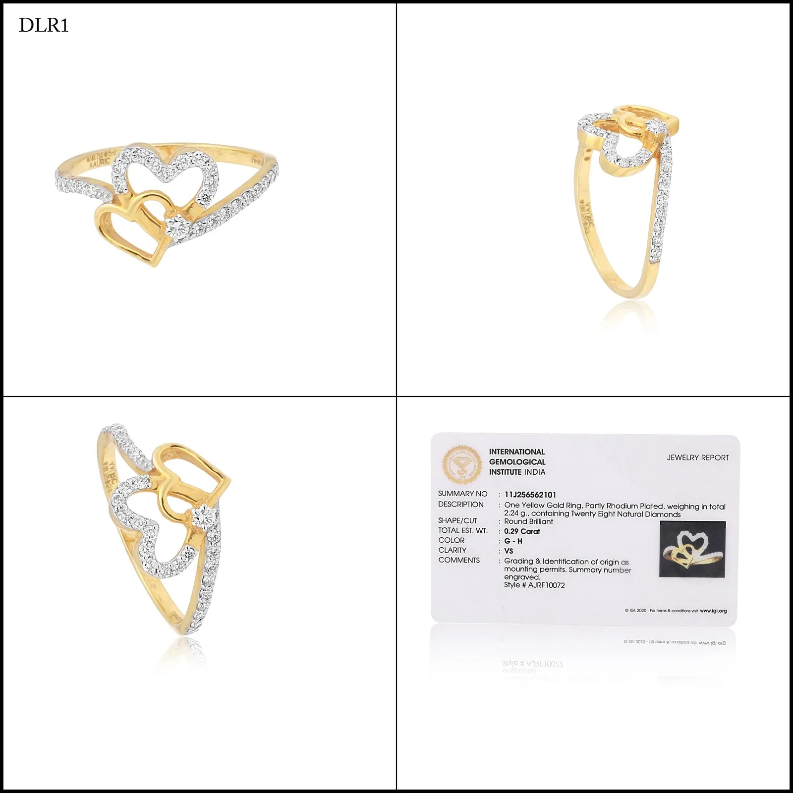 0.29 Ct. IGI Natural Diamond Double Heart Ring in 18K Yellow Gold for Women Gift - view 3