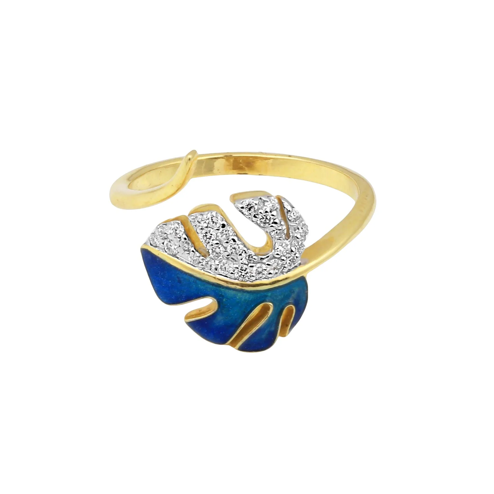 0.22 Ct. IGI Certified 18K Yellow Gold Blue Enamel Diamond Monstera Leaf Ring