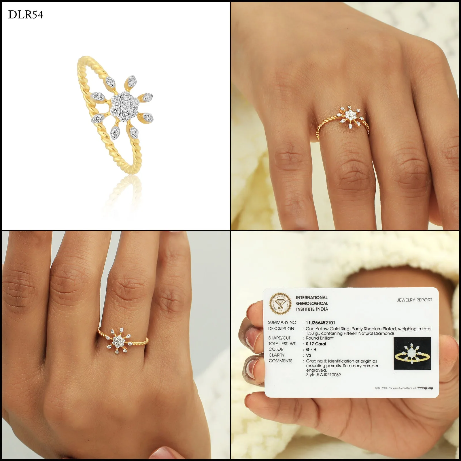 0.17 Ct. IGI Certified 18k Yellow Gold Floral GH VS White Diamond Blossom Ring - view 8