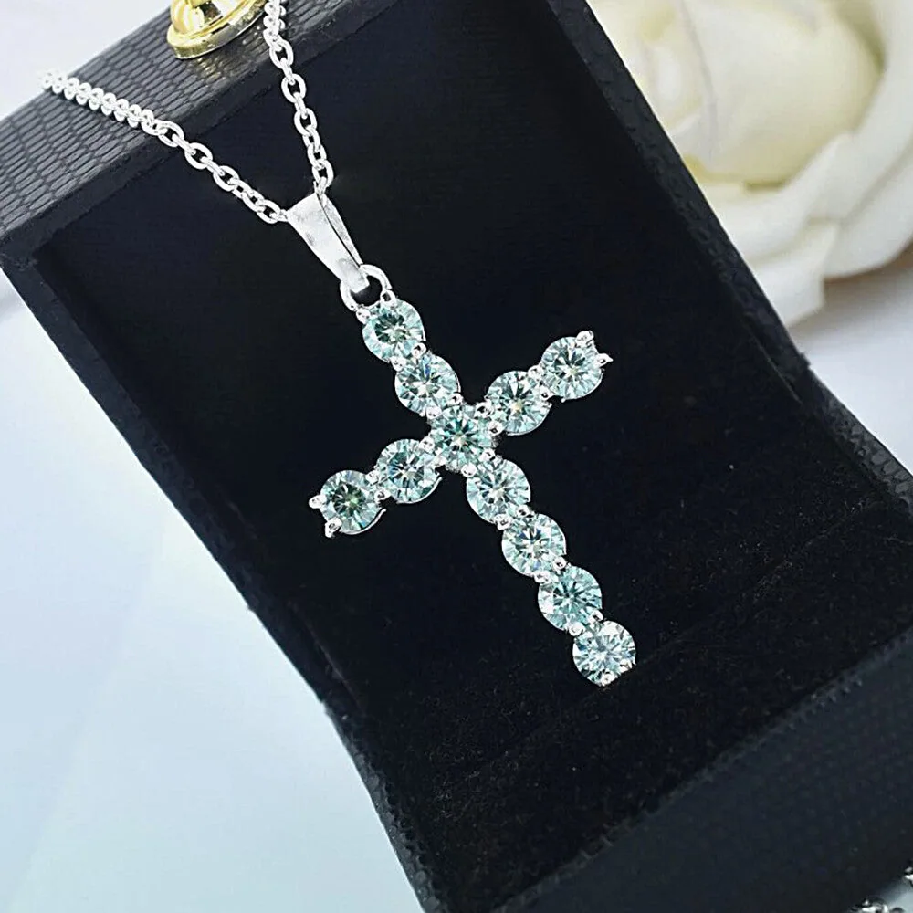 3.00 ct DEW Certified Round Cut Blue Moissanite Plus-Shape Vermeil 925 Silver Pendant - view 3