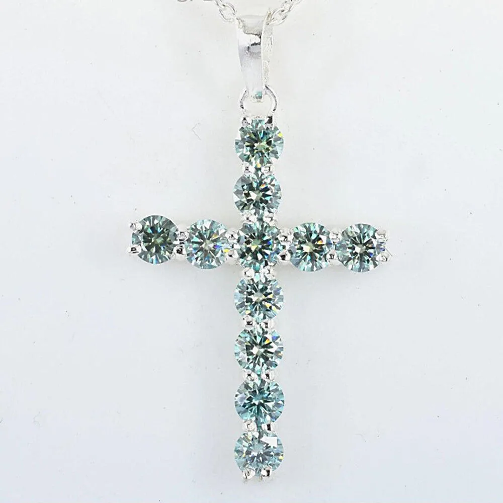 3.00 ct DEW Certified Round Cut Blue Moissanite Plus-Shape Vermeil 925 Silver Pendant - view 2