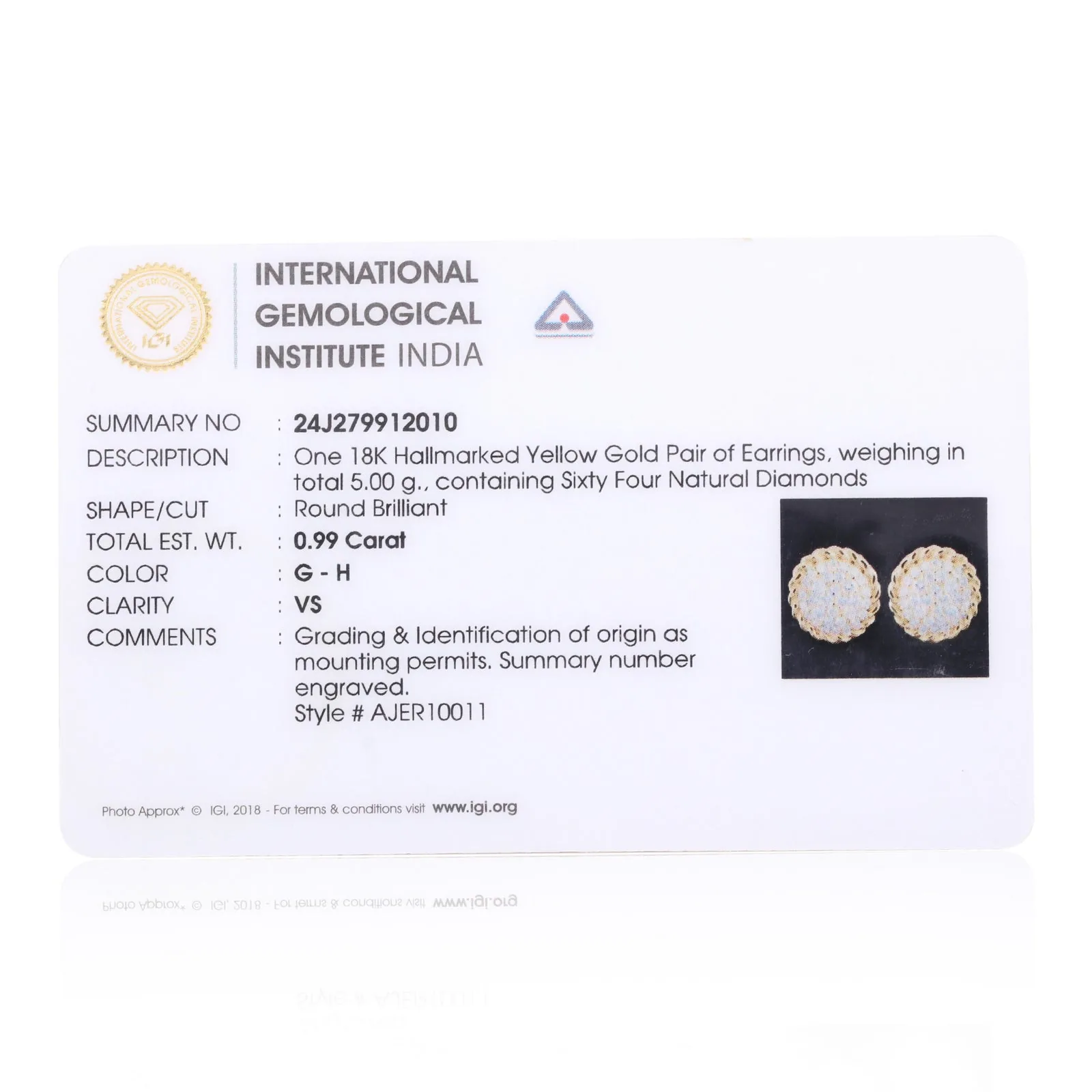 0.99 Ct Natural Diamond Stud Earrings G-H VS Round Brilliant 18K Gold Tops - view 6