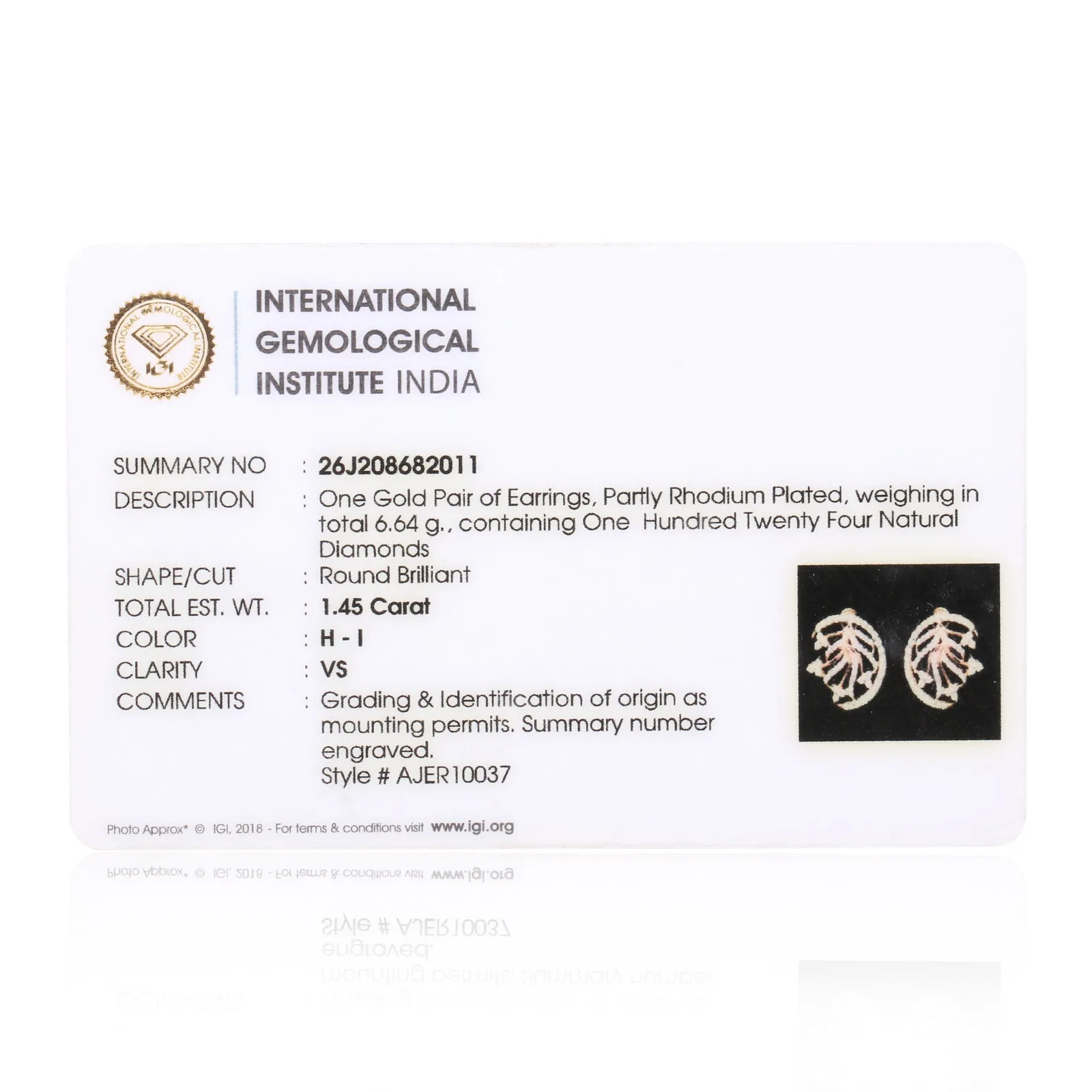 1.45 Ct Natural Diamond Stud Earrings IGI Certified H-I VS Round Brilliant Tops - view 4