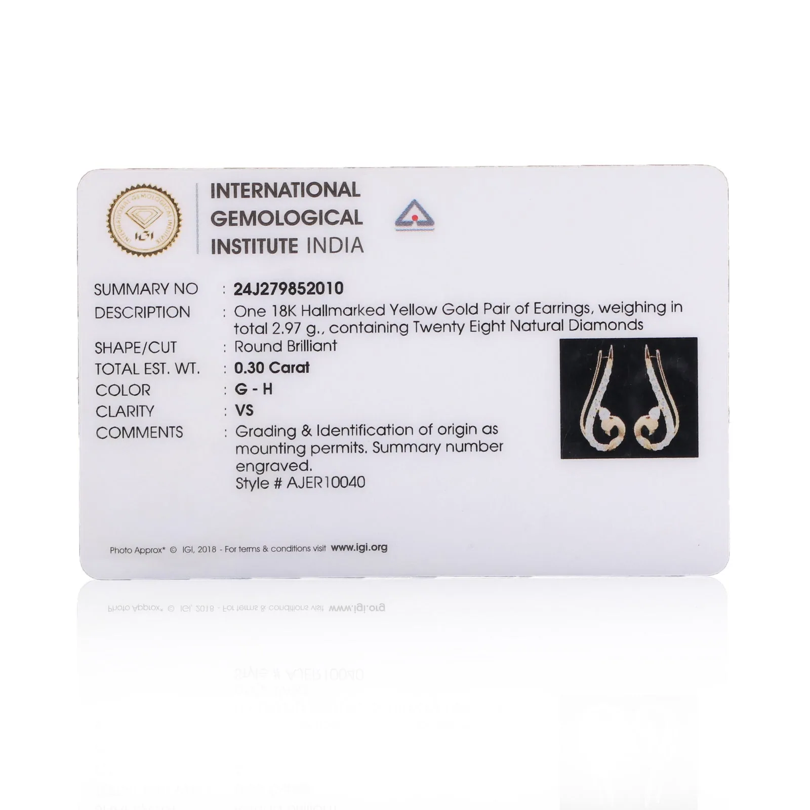 0.47 Ct Natural Diamond Stud Earrings IGI Certified G-H VS Round 18K Gold Tops - view 5