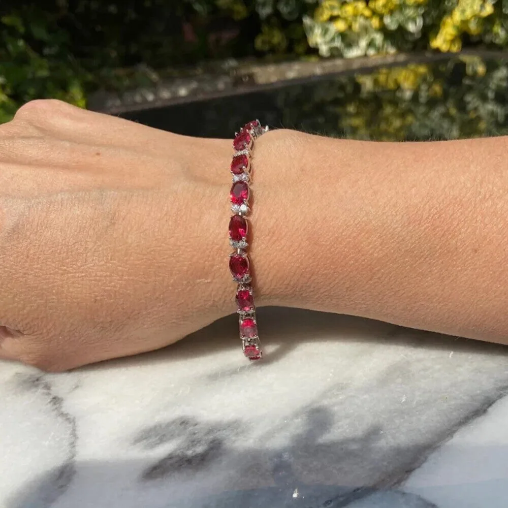 Natural Oval Cut Red Ruby & Round Diamond 14k White Gold Wedding Tennis Bracelet - view 2
