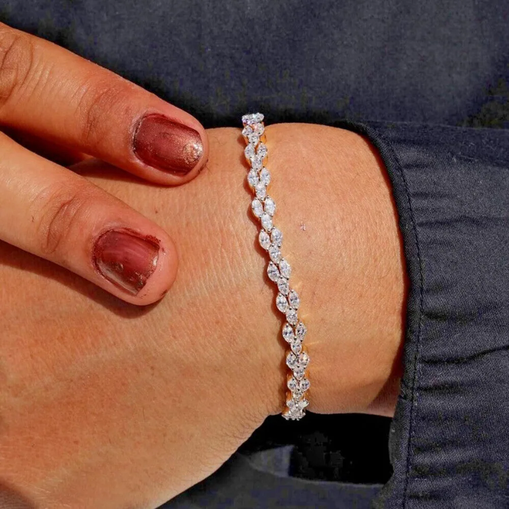 14K Yellow Gold Lab Grown Diamond Charm Tennis Bracelet Marquise Cut Minimalist - view 2