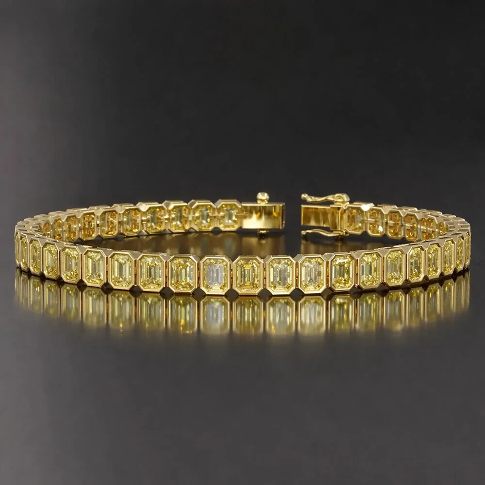 Bezel Set Emerald Fancy Vivid Yellow Lab-Grown Diamond Tennis Bracelet 14k Gold - view 2