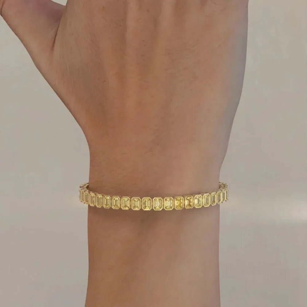 Bezel Set Emerald Fancy Vivid Yellow Lab-Grown Diamond Tennis Bracelet 14k Gold - view 4