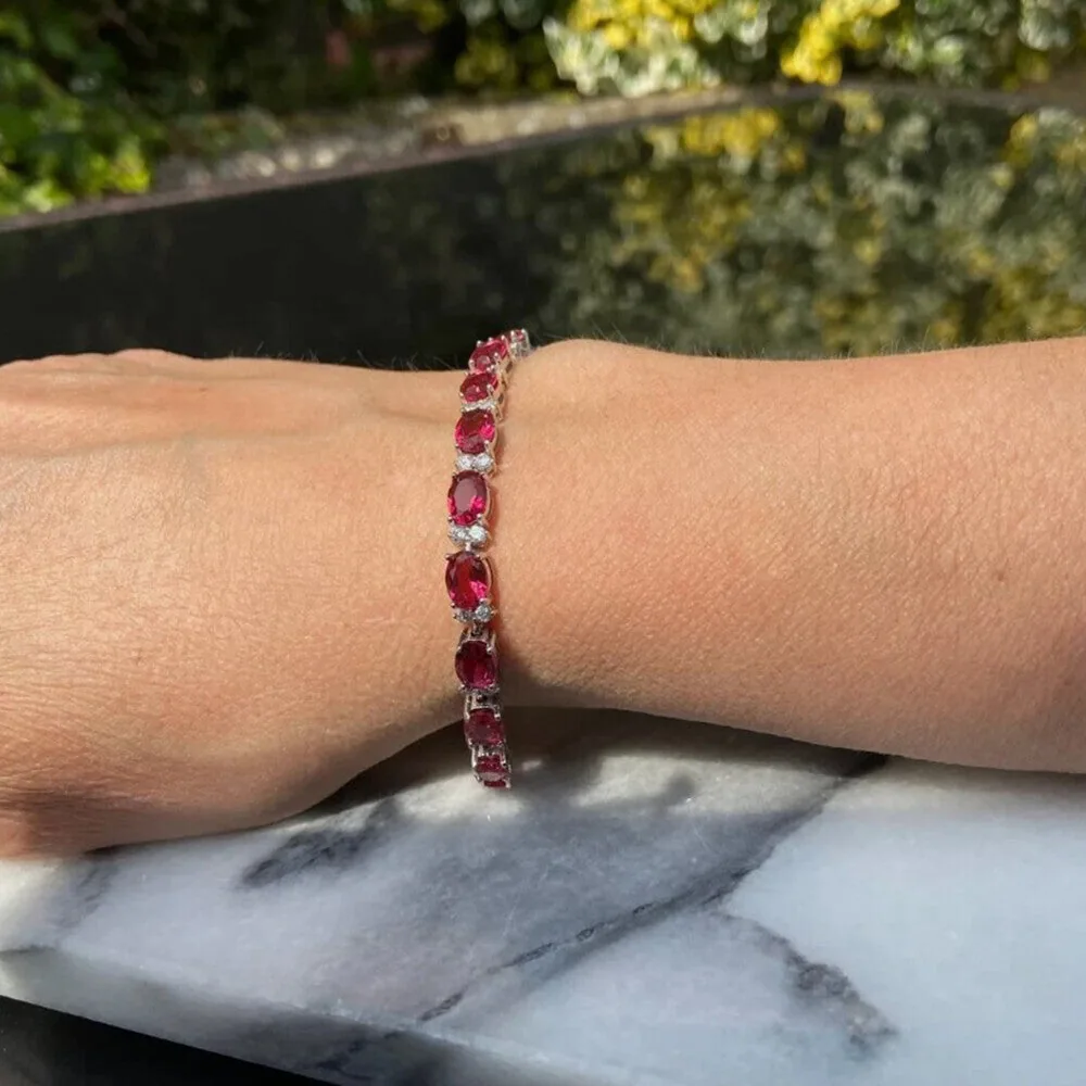 Natural Oval Cut Red Ruby & Round Diamond 14k White Gold Wedding Tennis Bracelet - view 4