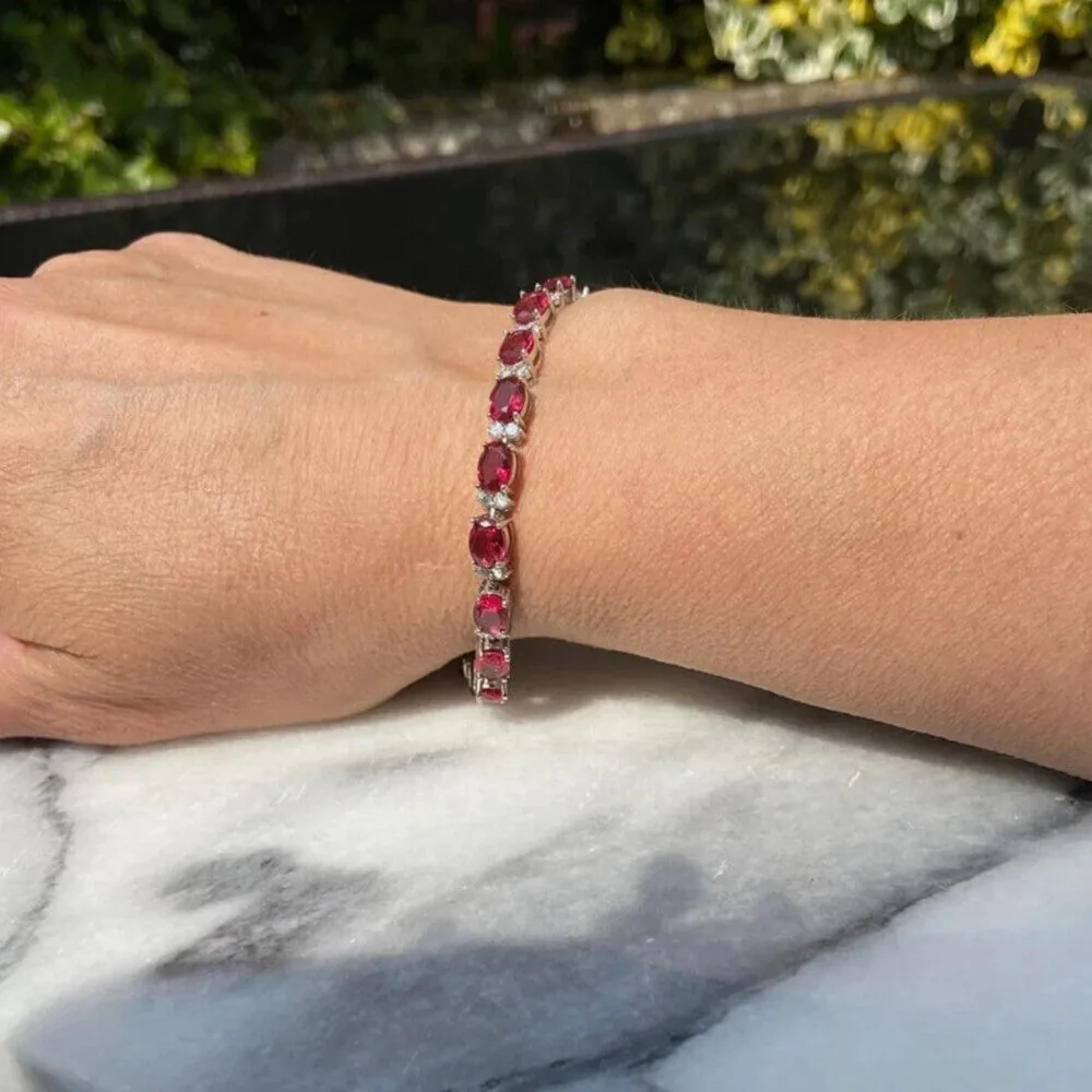 Natural Oval Cut Red Ruby & Round Diamond 14k White Gold Wedding Tennis Bracelet - view 3