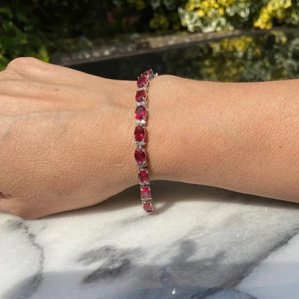 Natural Oval Cut Red Ruby & Round Diamond 14k White Gold Wedding Tennis Bracelet - view 5