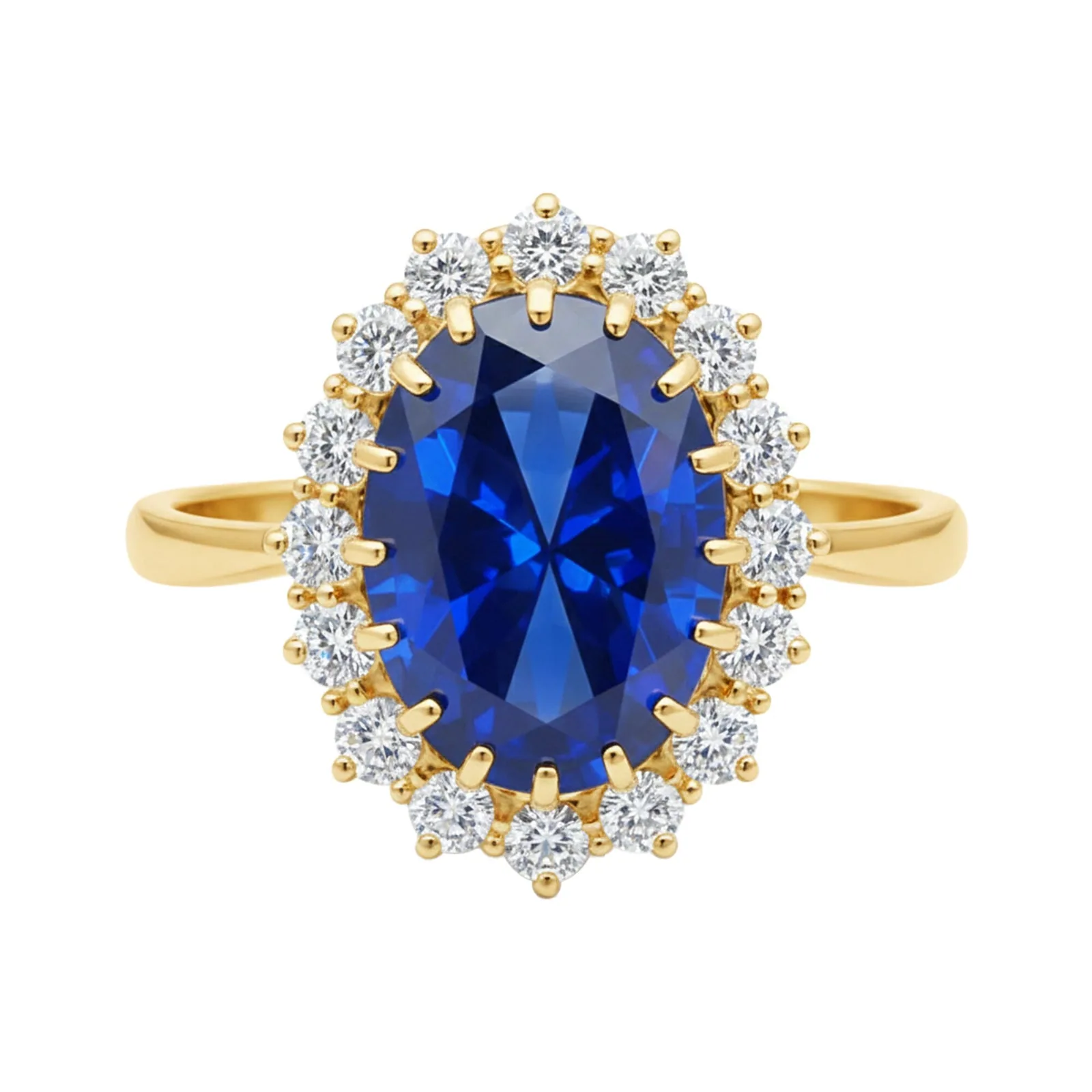 5 Ct Natural Blue Sapphire Oval Cut Ring — 925 Sterling Silver, Yellow Gold Finish