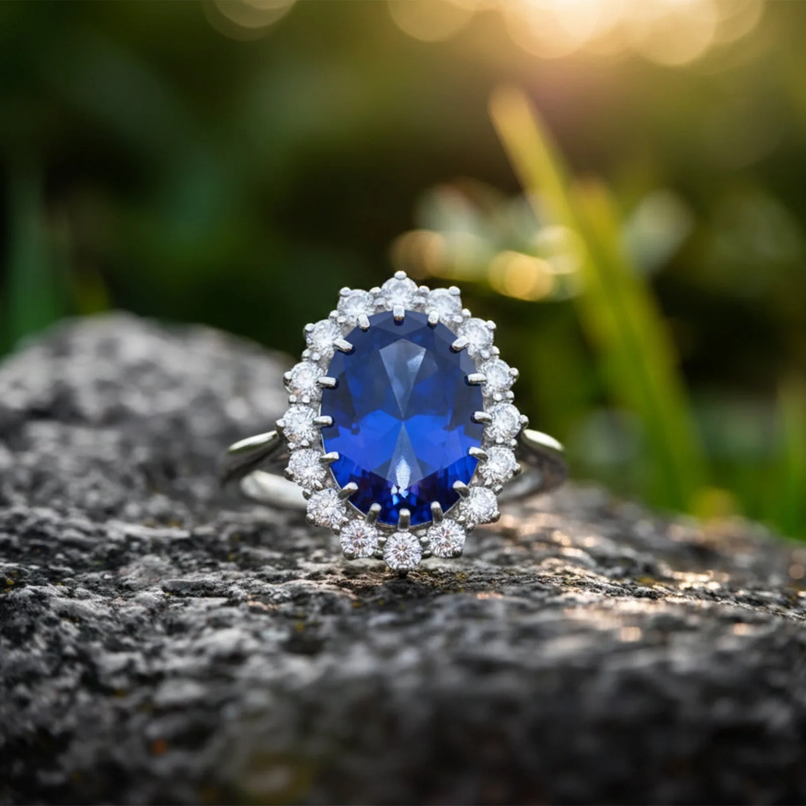 5 Ct Lab-Created Blue Sapphire Oval Cut Ring — 925 Sterling Silver, White Gold Finish - view 3