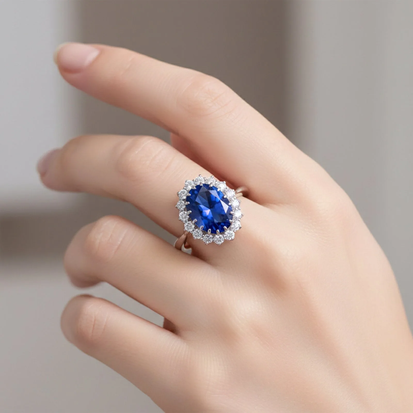 5 Ct Lab-Created Blue Sapphire Oval Cut Ring — 925 Sterling Silver, White Gold Finish - view 4