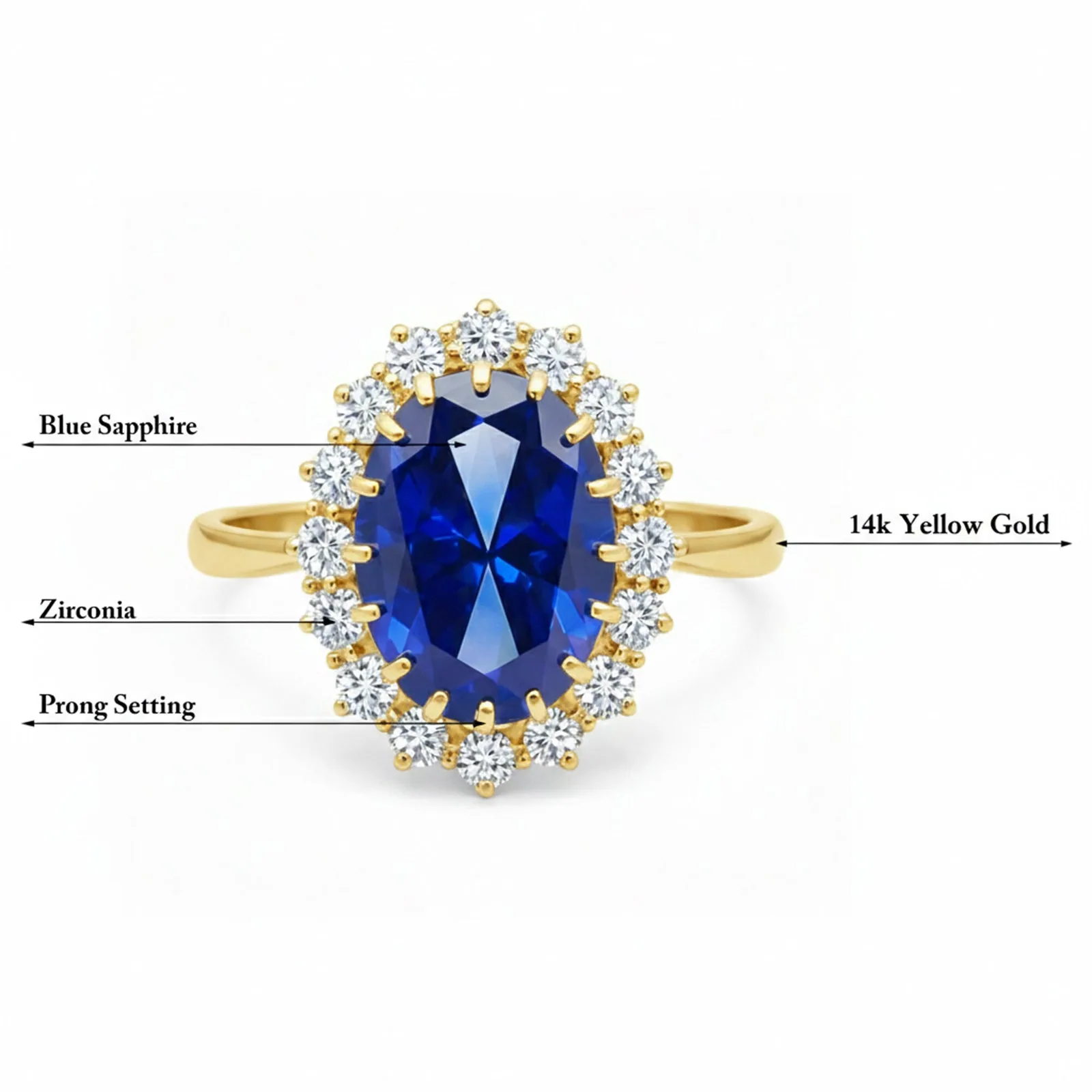5 Ct Natural Blue Sapphire Oval Cut Ring — 925 Sterling Silver, Yellow Gold Finish - view 6