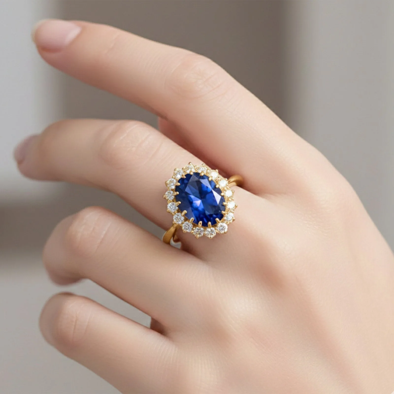 5 Ct Natural Blue Sapphire Oval Cut Ring — 925 Sterling Silver, Yellow Gold Finish - view 4