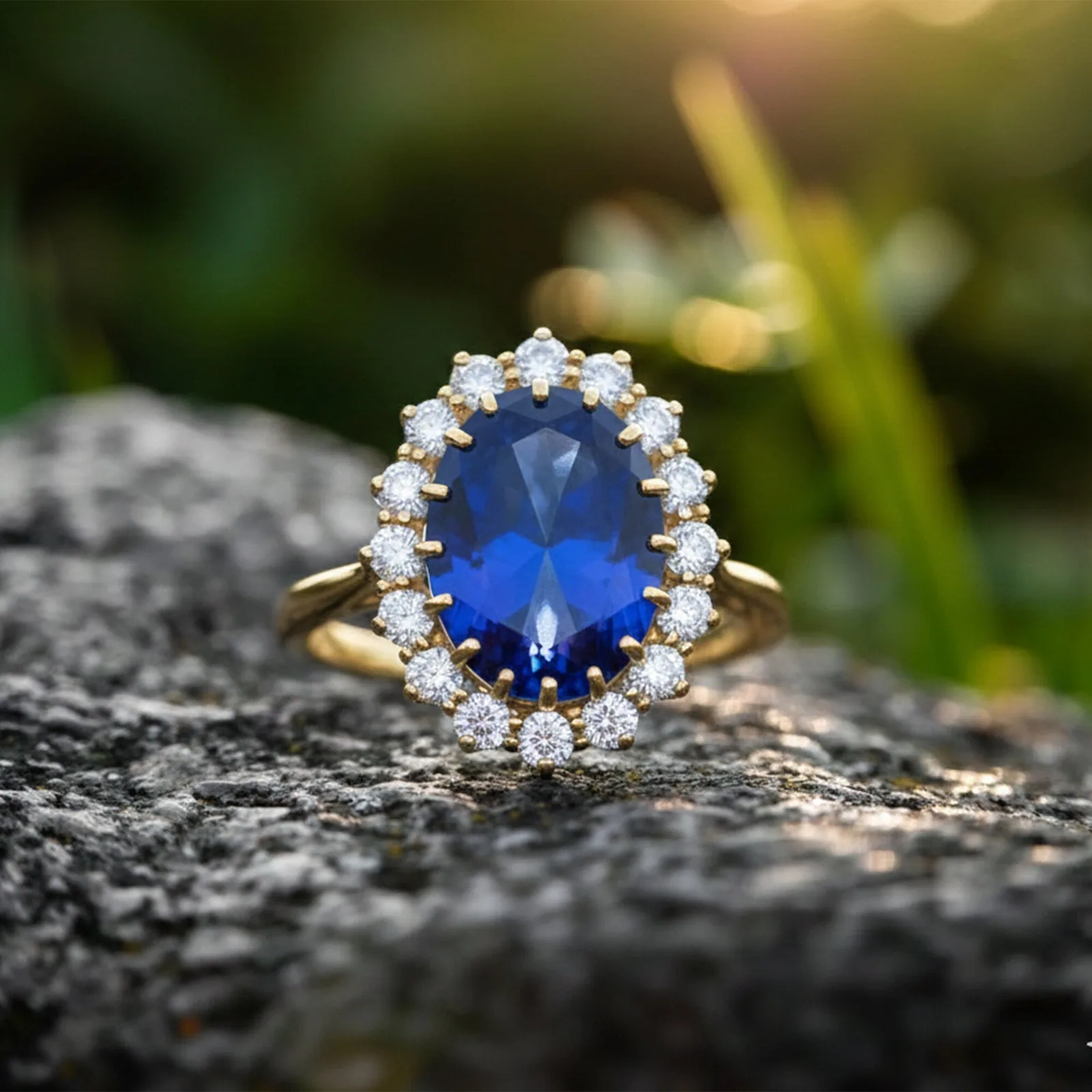 5 Ct Natural Blue Sapphire Oval Cut Ring — 925 Sterling Silver, Yellow Gold Finish - view 3