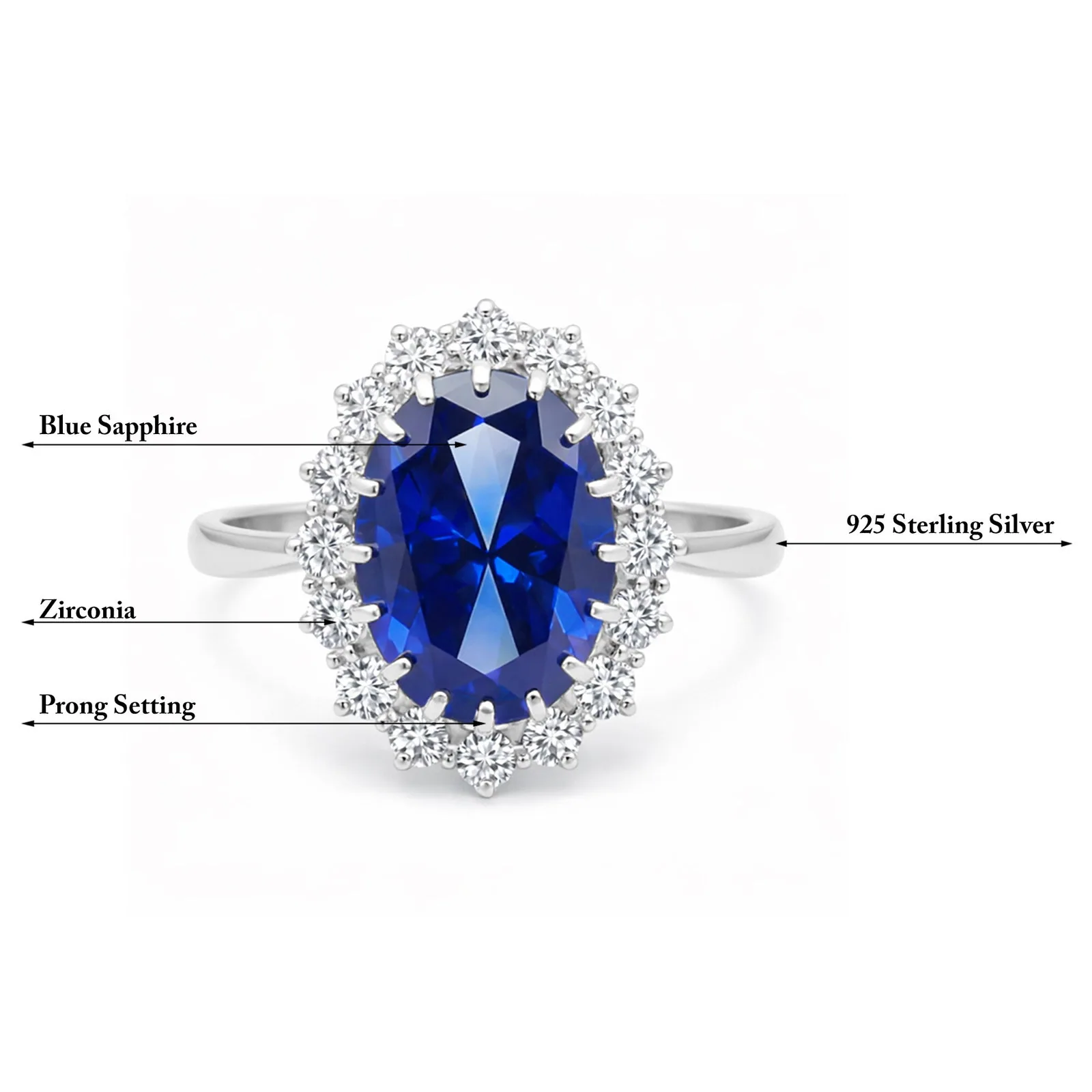 5 Ct Lab-Created Blue Sapphire Oval Cut Ring — 925 Sterling Silver, White Gold Finish - view 6