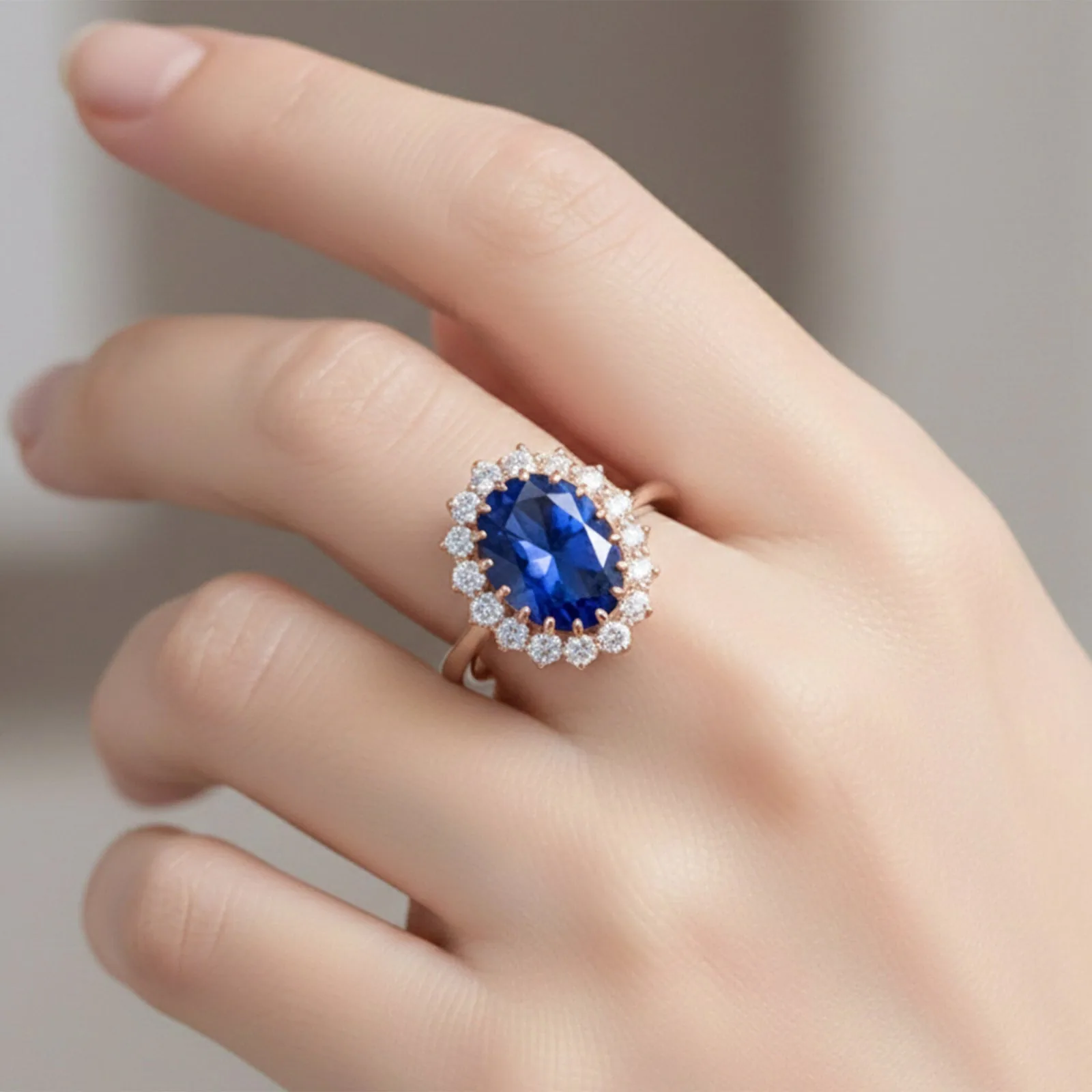 5 Ct Lab-Created Blue Sapphire Oval Cut Ring — 925 Sterling Silver, Rose Gold Finish - view 4