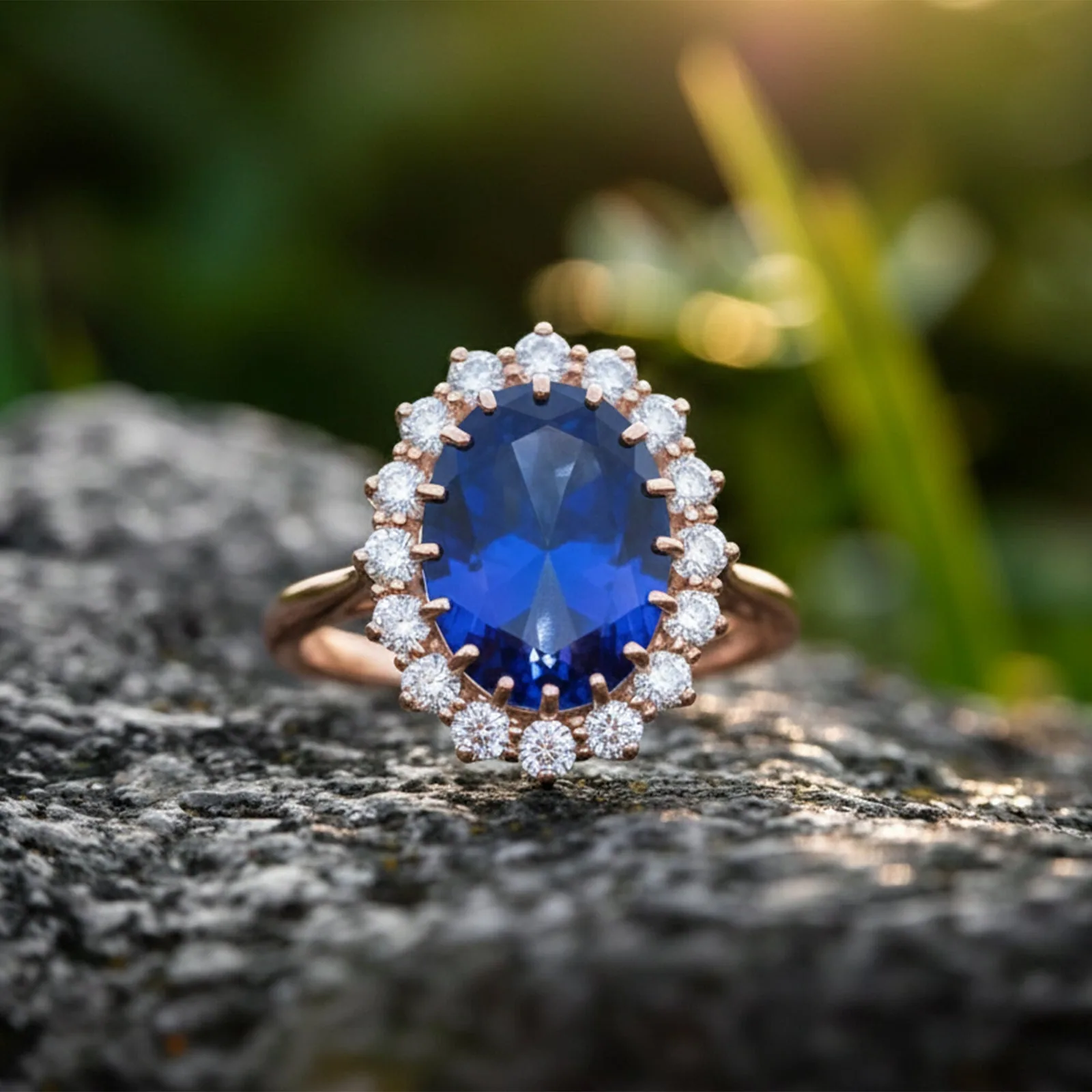 5 Ct Lab-Created Blue Sapphire Oval Cut Ring — 925 Sterling Silver, Rose Gold Finish - view 3