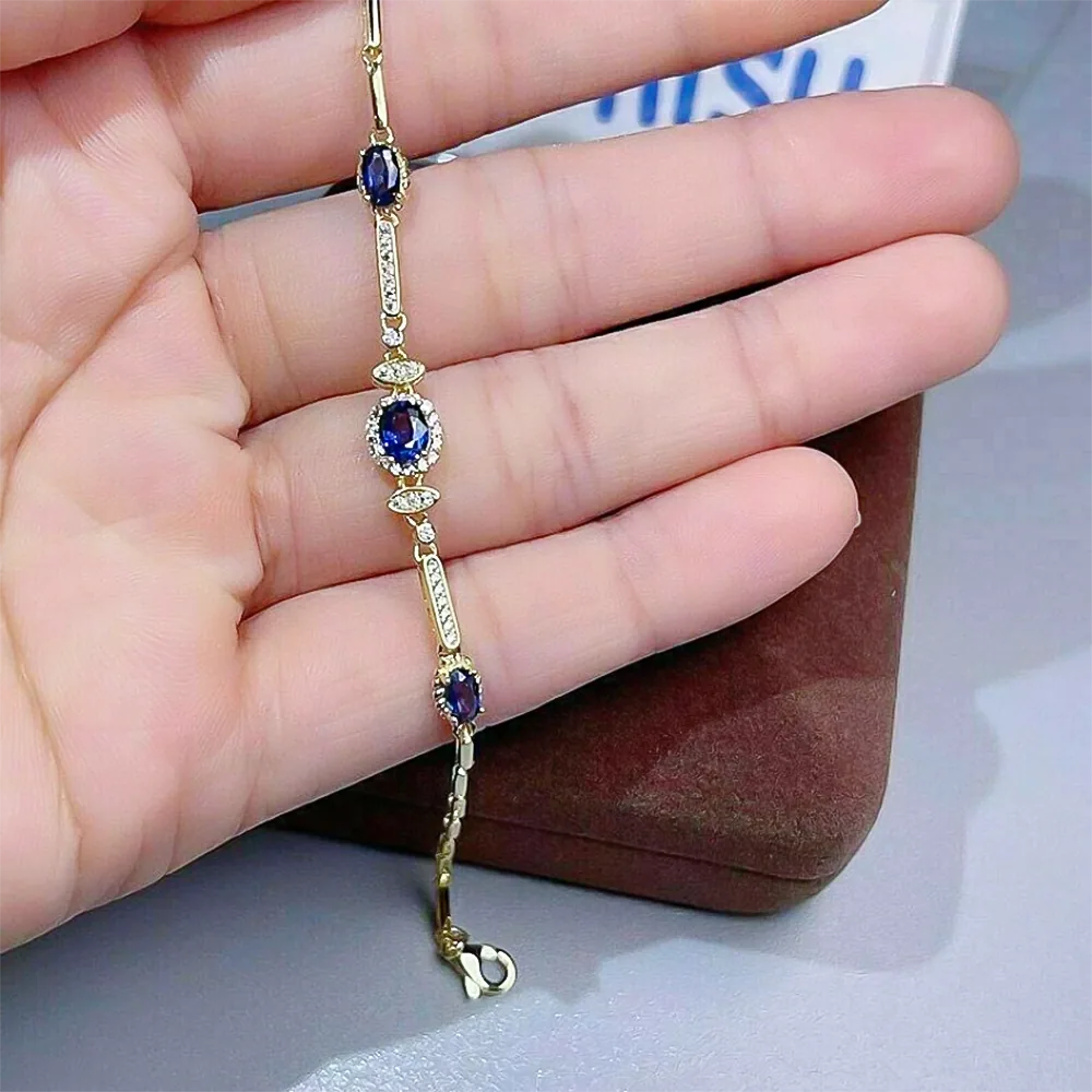 Certified Oval Cut Natural Sapphire & Diamond Chain Tennis Bracelet 14k Gold - view 2