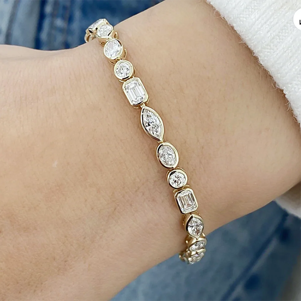 10Ct Multi Shape Lab-Grown Diamond Bezel Wedding Tennis Bracelet 14k Solid Gold - view 2