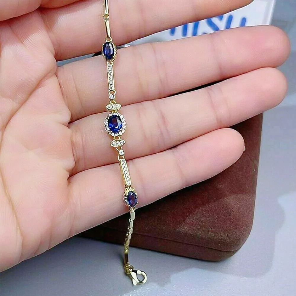 Certified Oval Cut Natural Sapphire & Diamond Chain Tennis Bracelet 14k Gold - view 4