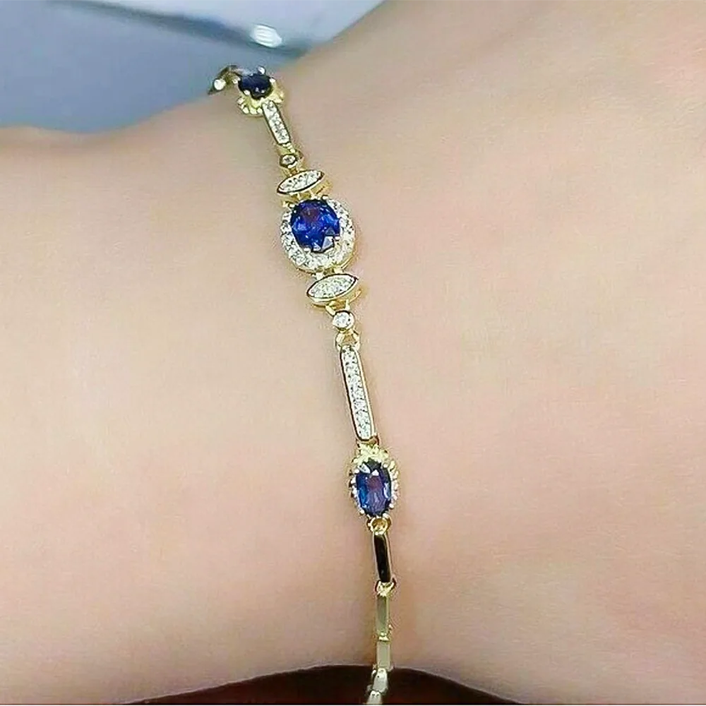 Certified Oval Cut Natural Sapphire & Diamond Chain Tennis Bracelet 14k Gold - view 3